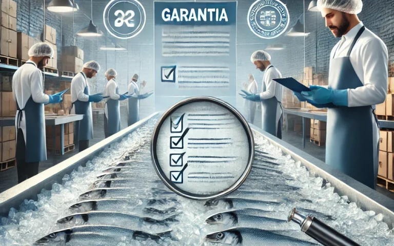 DALL·E 2025 01 01 15.12.59   A professional and visually appealing image representing the seafood industry with a focus on compliance. The scene includes fresh fish displayed on i