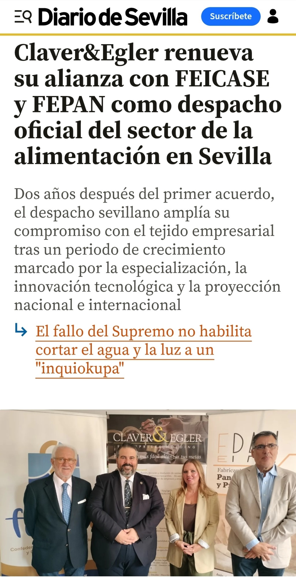 Noticia de Diario de Sevilla: Claver&Egler renueva su alianza con FEICASE y FEPAN
