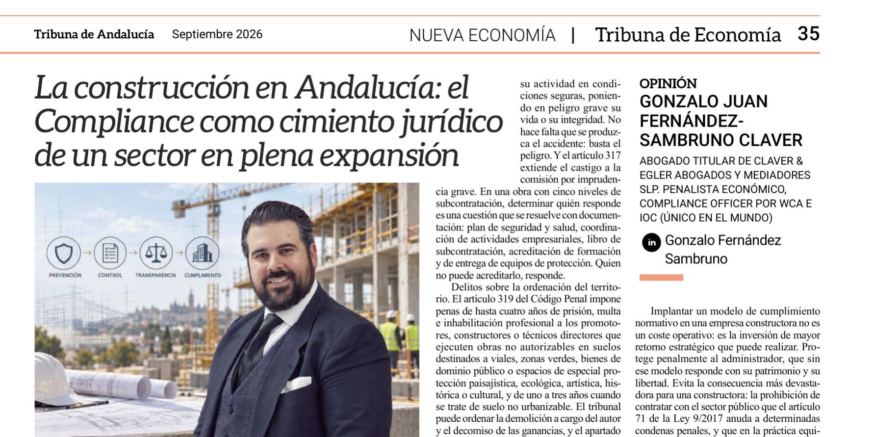 Artículo de Gonzalo Fernández-Sambruno Claver en Tribuna de Andalucía sobre Compliance en la construcción Artículo de Gonzalo Fernández-Sambruno Claver en Tribuna de Andalucía sobre Compliance en la construcción
