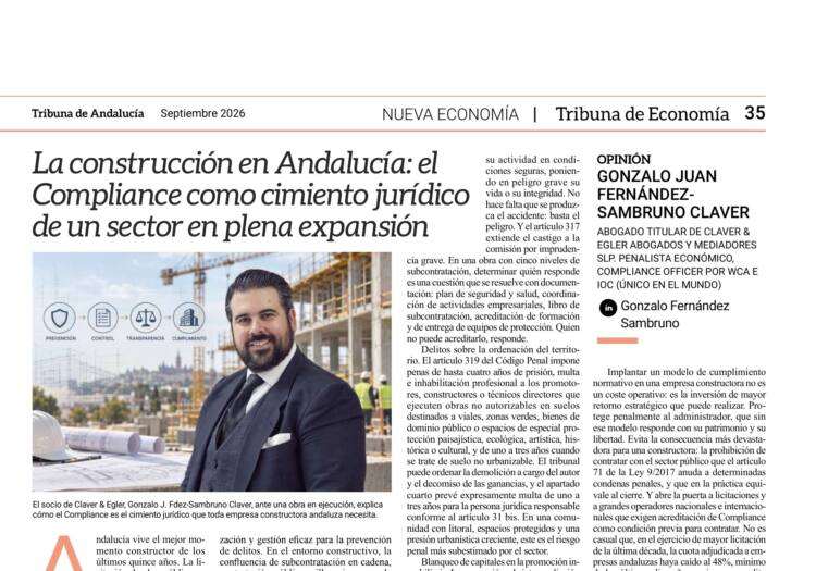 Artículo de Gonzalo Fernández-Sambruno Claver en Tribuna de Andalucía sobre Compliance en la construcción