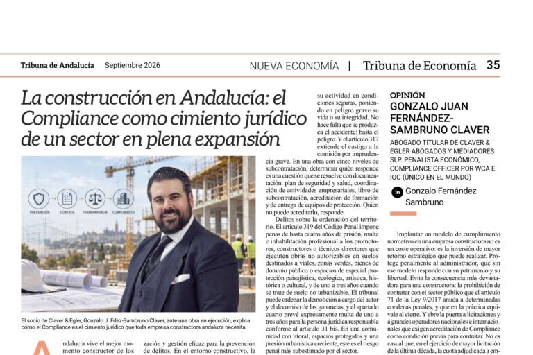 Artículo de Gonzalo Fernández-Sambruno Claver en Tribuna de Andalucía sobre Compliance en la construcción
