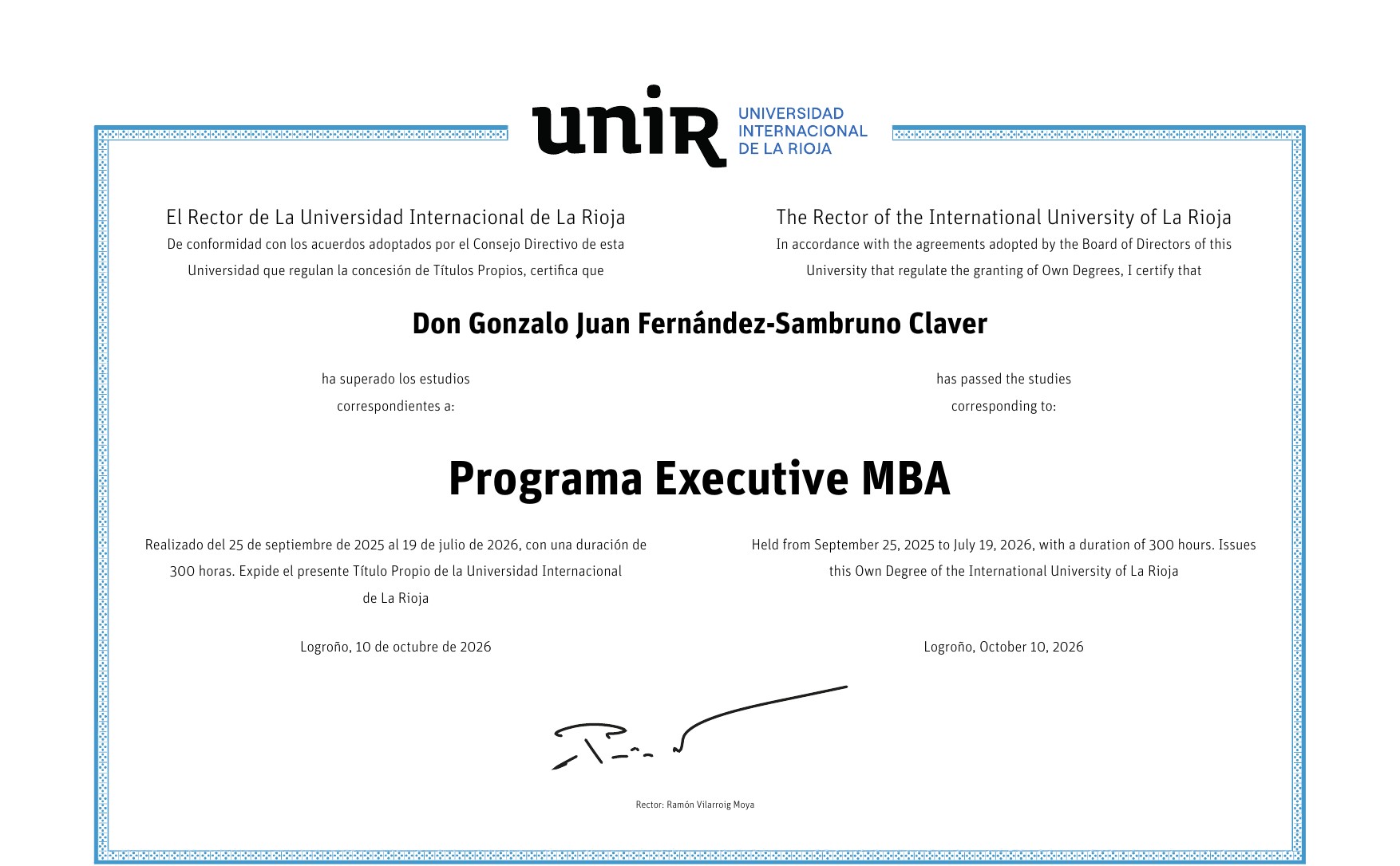Título del Programa Executive MBA de la Universidad Internacional de La Rioja expedido a Gonzalo Juan Fernández-Sambruno Claver