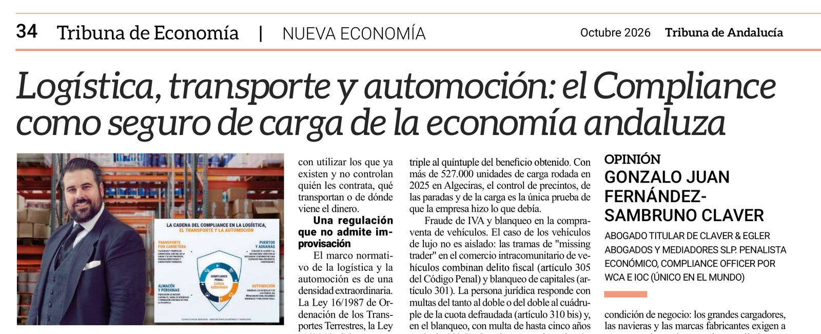 Logística, transporte y automoción: el Compliance como seguro de carga de la economía andaluza. Artículo de Gonzalo Juan Fernández-Sambruno Claver en Tribuna de Andalucía, octubre de 2026